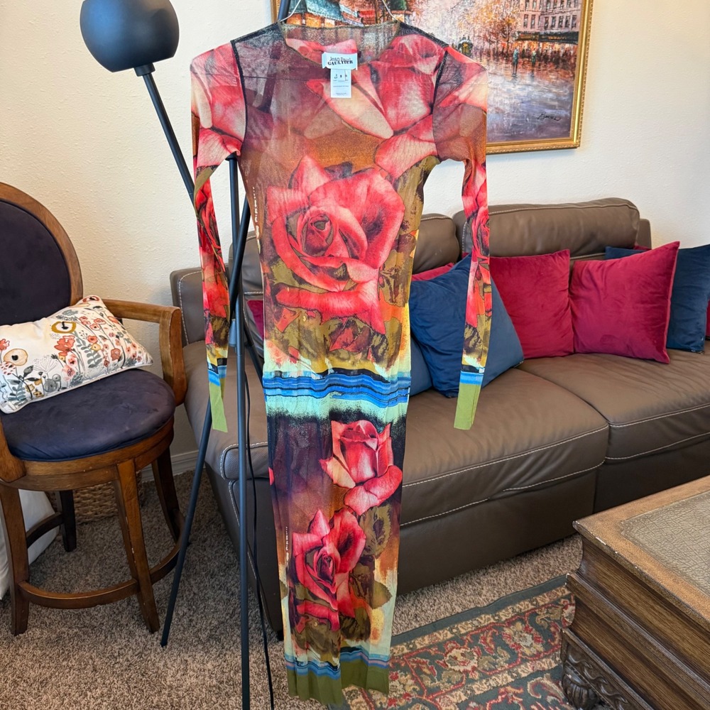 Jean Paul Gaultier Red Rose Mesh Maxi Dress Long Sleeve Italy Size S - Excellent